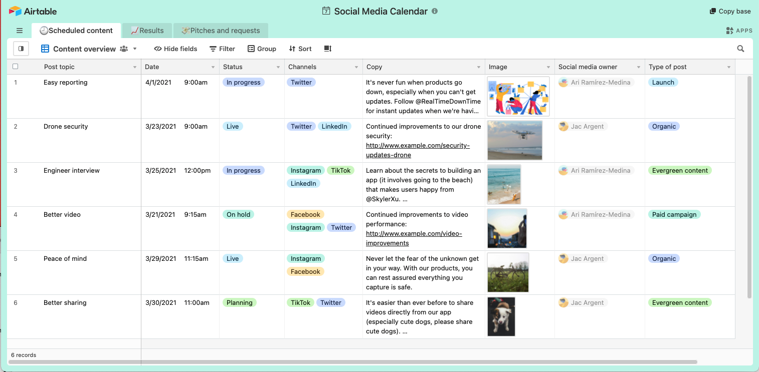 a screenshot of an Airtable social media calendar template 