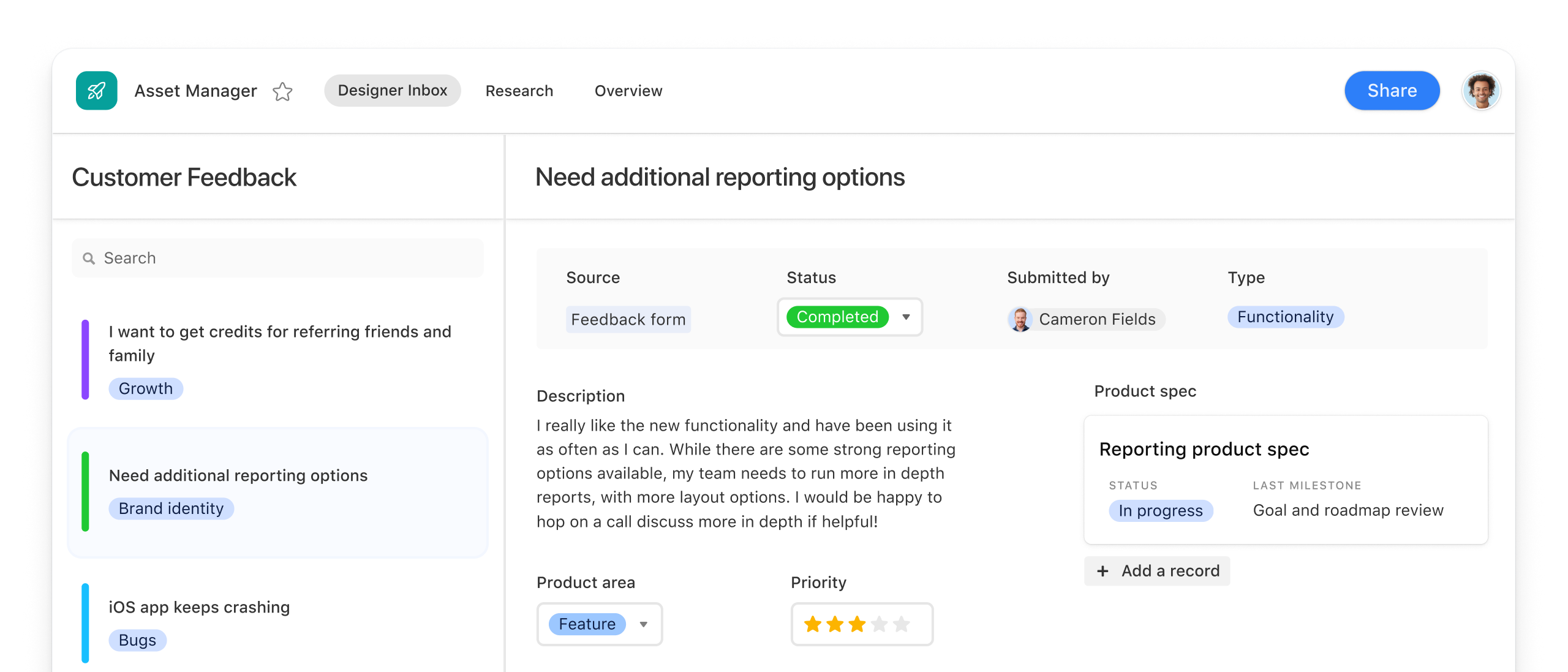 An interface for customer feedback shows feedback status, source, and type.